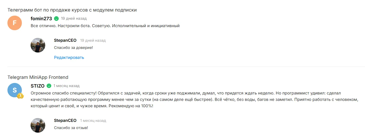 Отзывы fomin273 и STIZO на Kwork